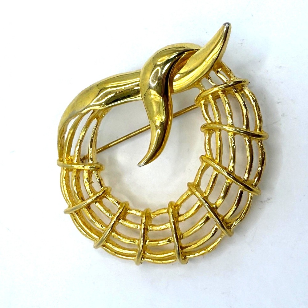 Vintage Gold Tone Bird Nest Brooch Abstract‎ Wreath Pin Mid Century Modern